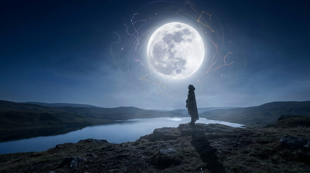 Une silhouette contemplant une pleine lune mystique entourée de constellations au-dessus d'un lac de montagne.