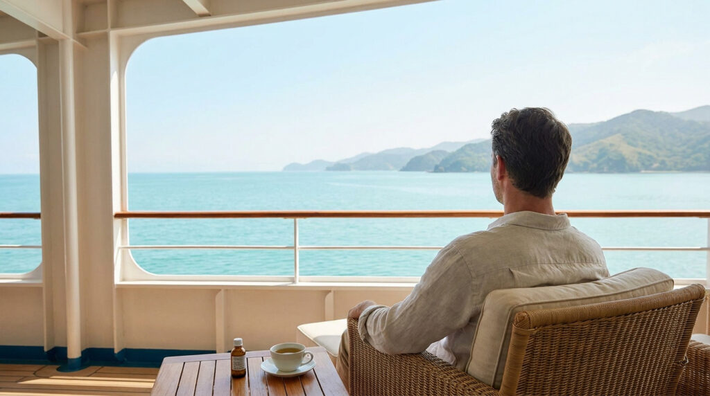 Un homme est assis sur le pont d'un bateau et contemple la mer, avec un flacon d'homéopathie sur la table.